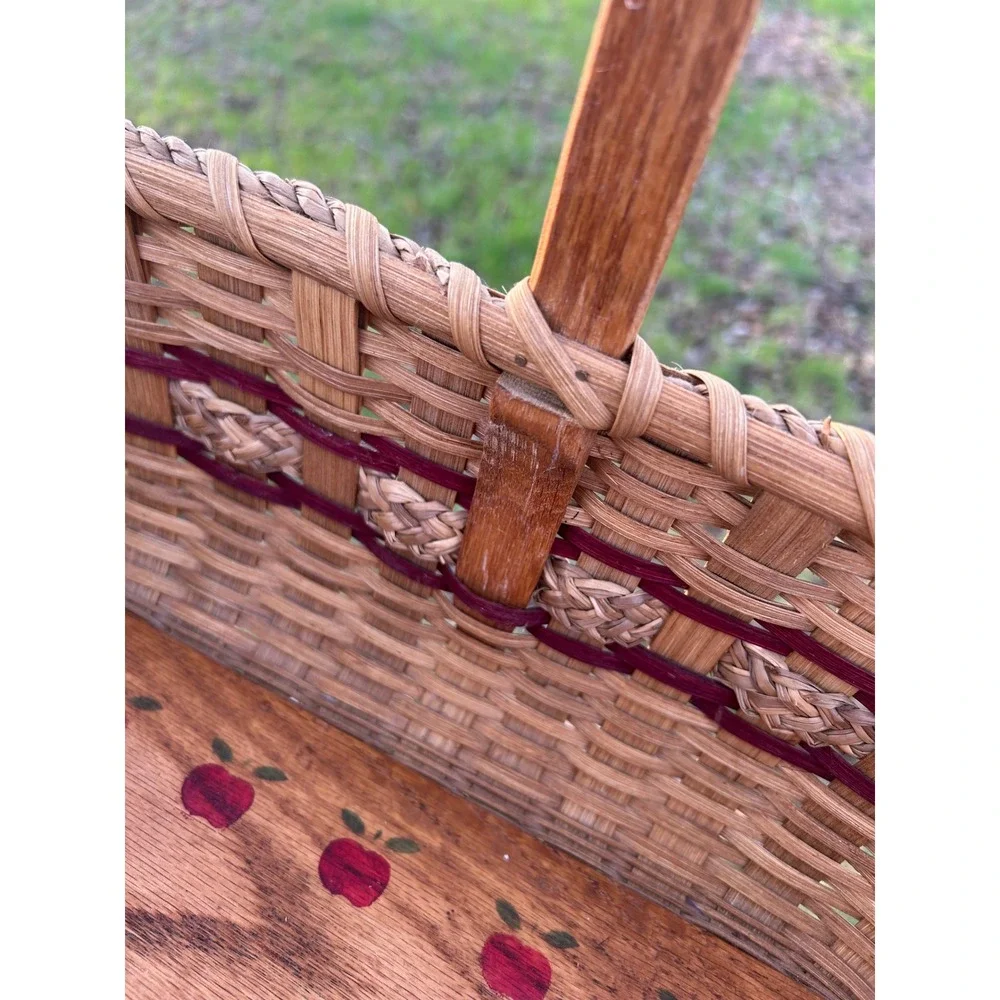 Handmade Woven Splint Basket Wood Base Hand Painted Apple Border Farmhouse Decor